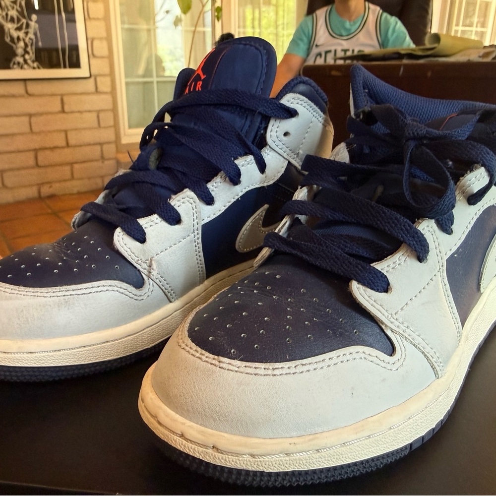Nike Air Jordan 1 Mid White and Navy Leather Sneakers - Picture 5 of 7